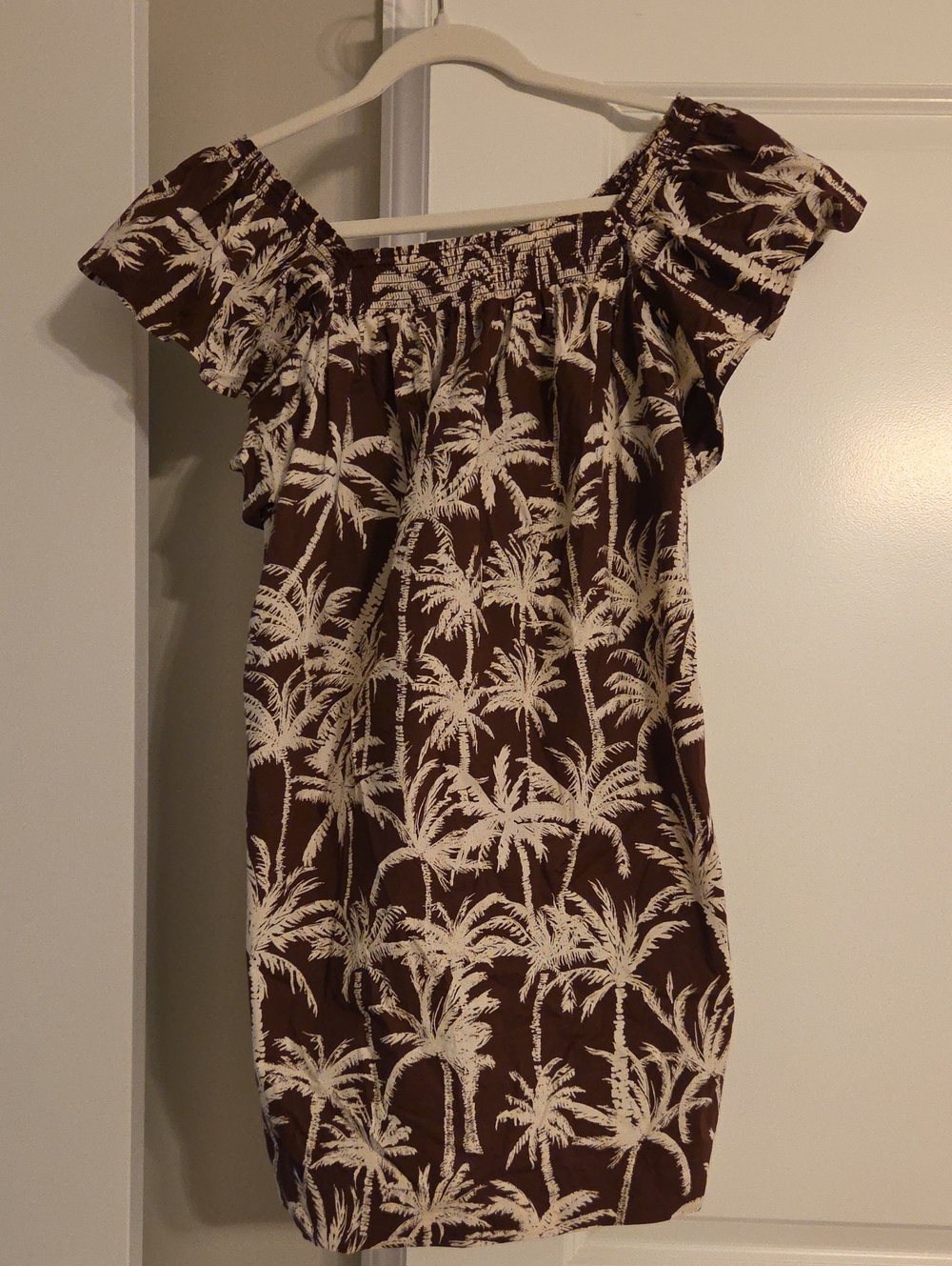 Express Brown Palm Print Off-Shoulder Dress XS